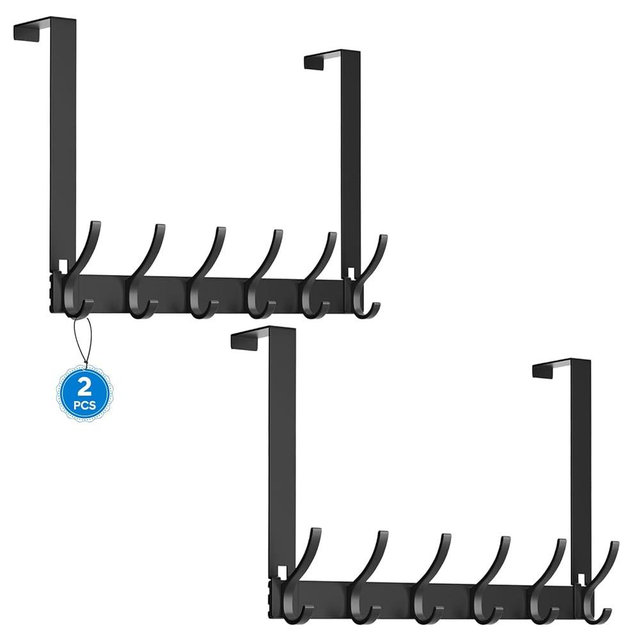 2 Pack Over The Door Hooks - NO NAIL over door hanger holder,NO ASSEMBLY REQUIRED large over the door towel rack with 12 hooks, heavy duty hooks for bathroom,bedroom,hanging towels,coats (Black)