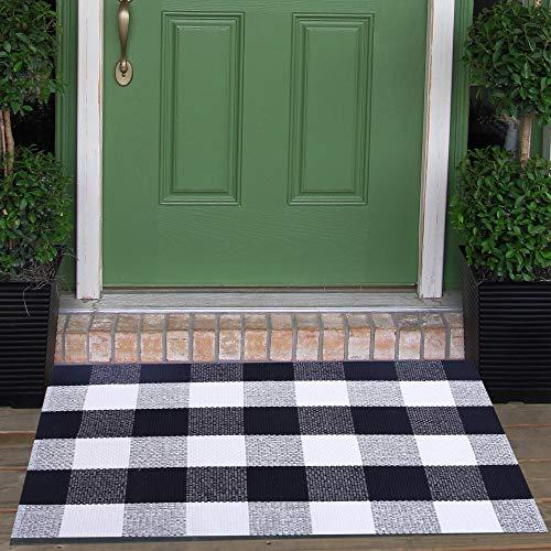 Buffalo Check Outdoor Rug 23.6X35.4 Cotton Hand Woven Check Front Door  Mat, Washable Black Outdoor Rug For Porch/Front Porch/Farmhouse Black And