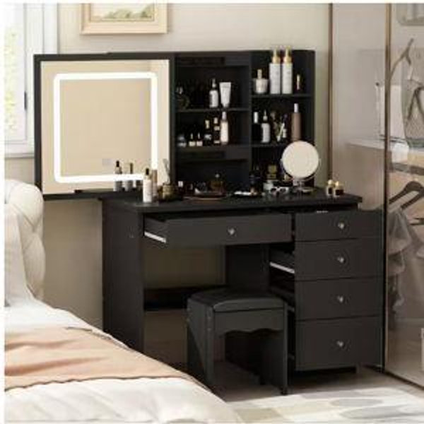 FUFU&GAGA 5-Drawers Black Wood LED Push-Pull Mirror Makeup Vanity Sets Dressing Table Sets with Stool and 3-Tier Storage Shelves KF210141-04