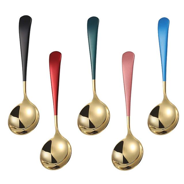 Metal Soup Spoons,Stainless Steel Spoons for Soup Round Colorful Dinner Spoons Thick Short handle Table Spoon 6.3-Inch, Set of 5 (Gold)
