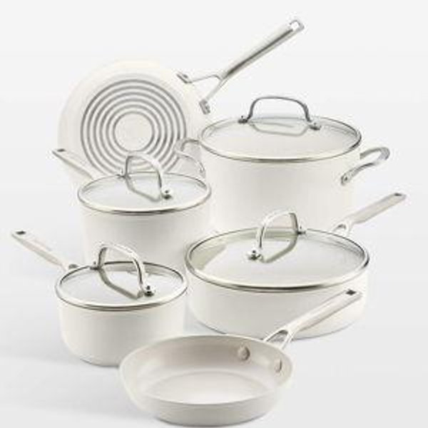 KitchenAid Porcelain White Hard-Anodized Ceramic Non-Stick Induction 10-Piece Cookware Set + Reviews | Crate & Barrel