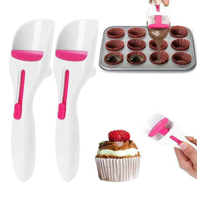 2Pcs Cake Batter Dispensing Spoon Cupcake Batter Scoop One Touch Slide Button Cake Pastry Spatula Spoon Flour Dispenser Spoon DIY Cupcake Batter Spoon Kitchen Gadget for Baking