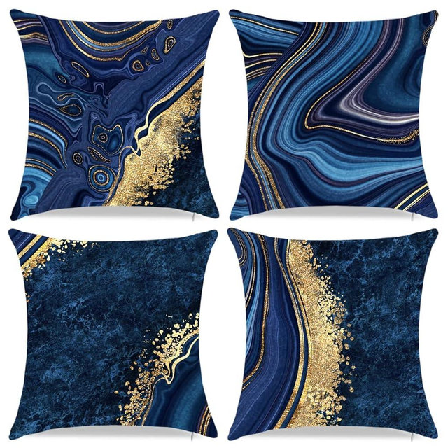 Throw Pillow Covers, Navy Blue Decorative Pillow Covers,Blue and Gold Marble Pillowcase 18x18 inch, Couch Cushion Cover Set of 4 for Home Living Room Bedroom Sofa Decor Pillows