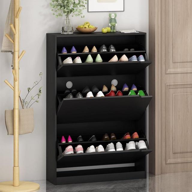 Shoe Storage Cabinet for Entryway with 3 Flip Drawers, Sturdy Wood Hidden Shoe Storage, Freestanding Narrow Slim Shoe Organizer for Front Door Entrance, Living Room, Hallway, Bedroom, Black