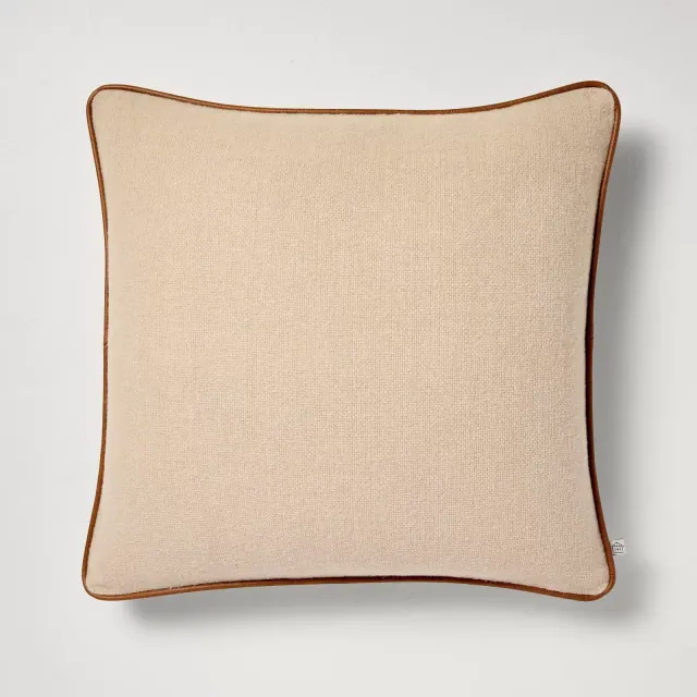 18"x18" Solid Chambray with Faux Leather Trim Square Throw Pillow Beige/Brown - Hearth & Hand™ with Magnolia