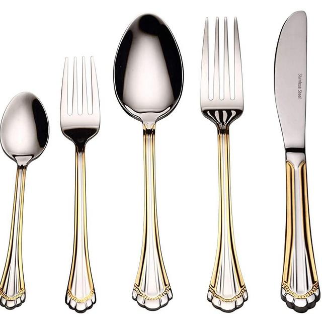 Flatware Set 20-Piece Service for 4, 18/10 Stainless Steel Silverware Cutlery, 24k Gold Plated Accent (gold sets) (Grand)