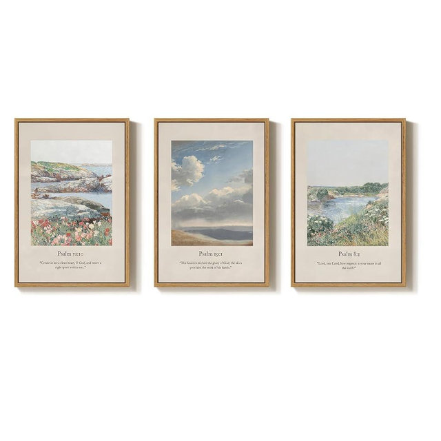 Framed Christian Wall Art for Living Room, Set of 3 Green Landscape Biblical Verse Canvas Prints Artwork for walls, Vintage Psalm Scripture Wall Decor, Dining Room Bedroom Prayer Room, 16x24 Inch