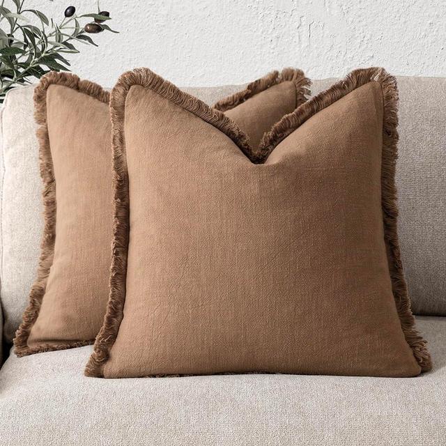 Foindtower Set of 2 Decorative Linen Fringe Throw Pillow Covers Cozy Boho Farmhouse Cushion Cover with Tassels Soft Accent Pillowcase for Couch Sofa Bed Living Room Home Decor, 16×16 Inch, Khaki Brown