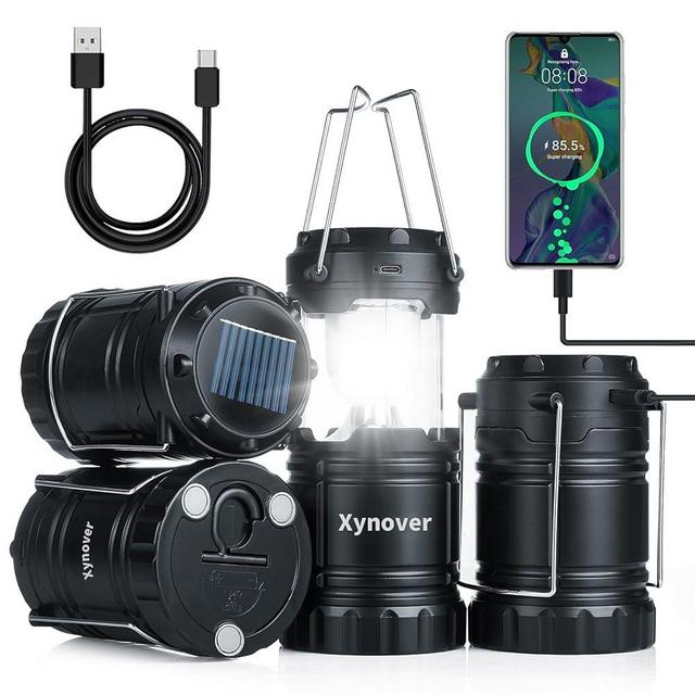 Xynover Solar Camping Lantern 4-Pack - Rechargeable LED Lights, Magnetic Base & Foldable Hanging Hook- Collapsible Lamp Battery Powered Perfect for Power Outages, Hiking, Campsites, Emergencies