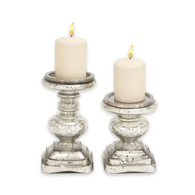 Ridge Road Décor 2-Piece Pitted Glass Candle Holder Set in Silver