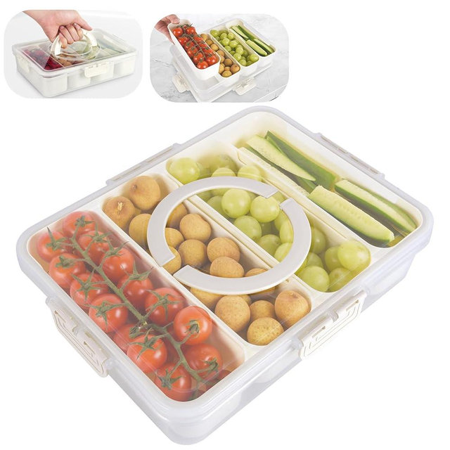EMCHI Snackle Box Container,Divided Serving Tray with Lid,4 Compartment Travel Snack Container,Fruit Veggie Tray with Lid for Fridge Fresh Keeping,Multipurpose Storage Box for Picnic,Party,Travel