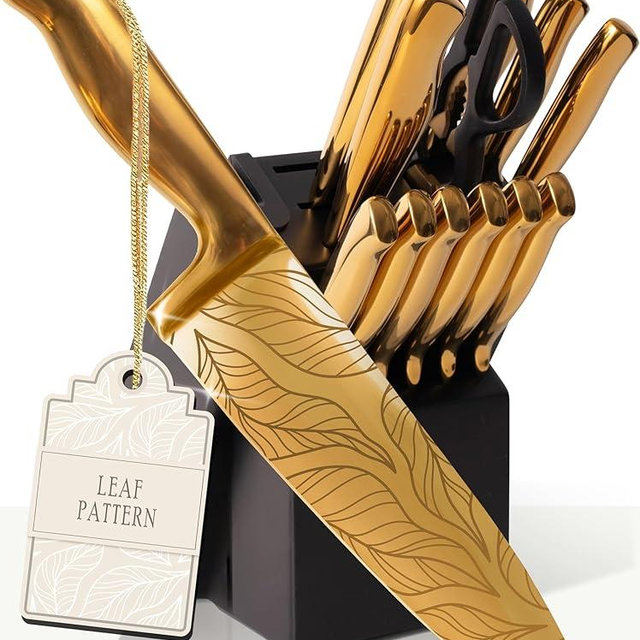 Styled Settings Gold Knife Set with Block and Sharpener – 14PC Golden Titanium-Coated Blades with Bold Herringbone Pattern, Knife Block with Built-in Sharpener, Durable, Luxury Kitchen Knives Set