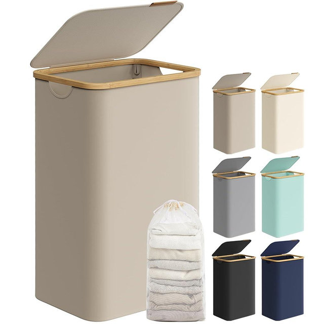 SONGMICS Laundry Hamper with Lid, Large Laundry Basket, 23.8 Gallons (90L), Removable Mesh Liner, Bamboo Handles, Collapsible, 16.5 x 12.6 x 27.8 Inches, Camel Brown ULCB509N01