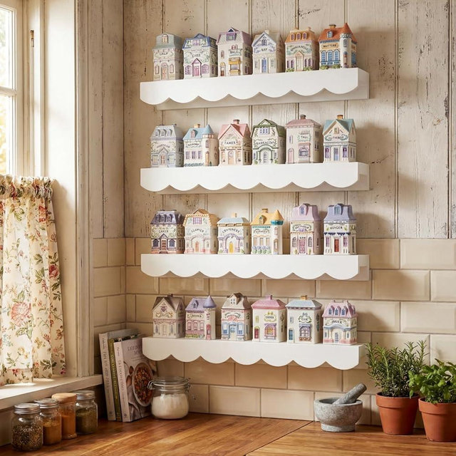 Chunful 4 Tiers Spice Rack Wall Mounted 15.75 x 4.72 x 1.97 Inches Floating Scalloped Display Shelves Wooden Display Stand for Spice Jars Holds 24 Vintage Jars Kitchen Wall