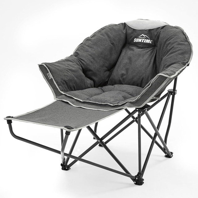 OUTDOOR LIVING SUNTIME Oversized Padded Comfy Camping Chair with Removable Footrest，Weight Capacity 400 LBS, Heavy Duty Moon Round Leisure Folding Chair for Camping, Hiking, Carry Bag, Gray