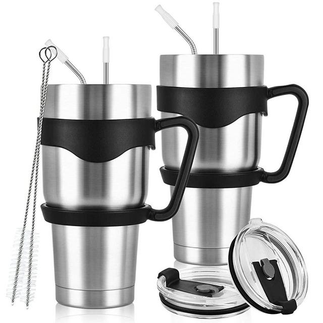 2 Pack Insulated Travel Tumblers for Home School Office Camping, Stainless Steel Double Wall Vacuum Travel Tumbler with 2 Handles, 2 Lids, 4 Straws, 2 Straw Brushes, 1 Cup Brush (30oz, Silver)