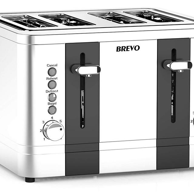 BREVO 4-Slice 1500W Toaster Extra Wide Slot for Bagel Bread Breakfast with Reheat Defrost 7-Shade Control Brushed Stainless Steel