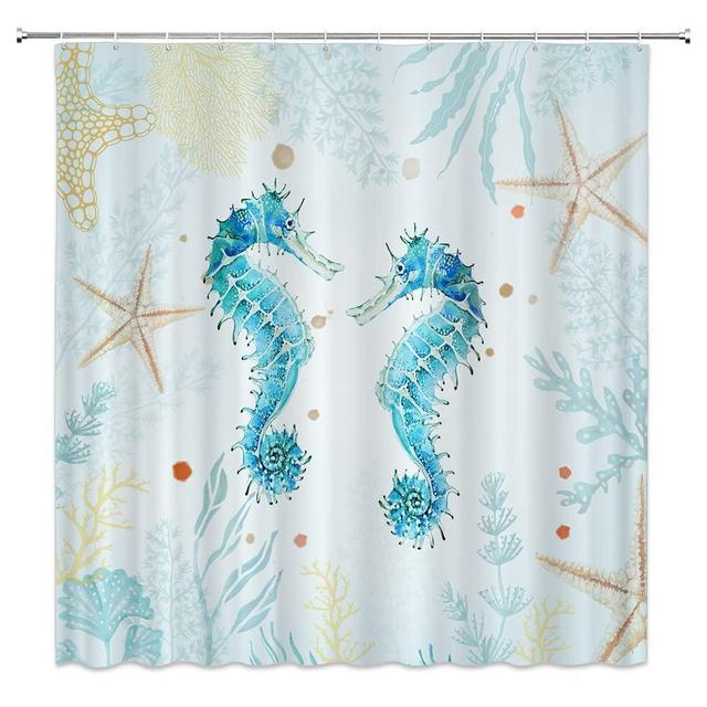 JJNAEE Seahorse Shower Curtain Ocean Animal Teal Sea Horse Underwater Plants Starfish Coral Watercolor Marine Life Bathroom Decor Polyester Fabric Curtains with Hooks 47W x 70H Inch
