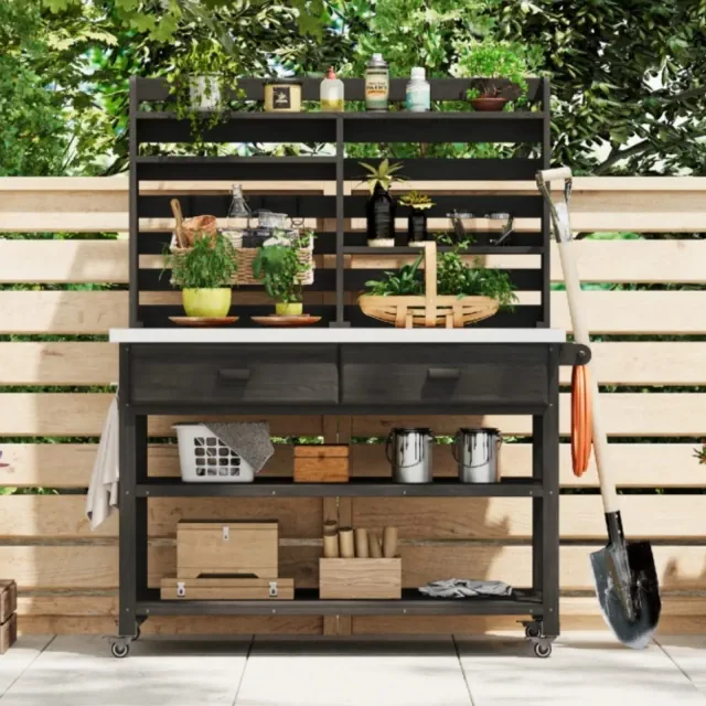 64.9"H Outdoor Potting Bench Table, Solid Fir Wood Kitchen Island with Stainless Steel Top, Upper Hutch & Storage, Black - ModernLuxe