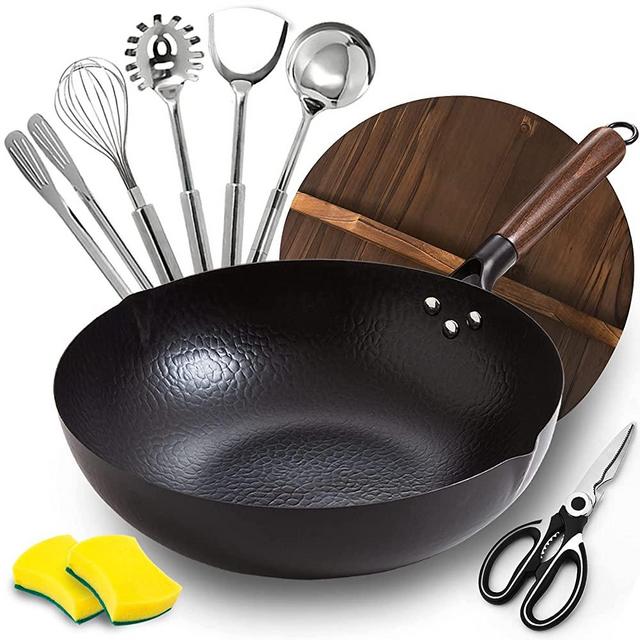 BrBrGo Wok Pan, 13" Carbon Steel Wok with Wooden Handle, Flat Bottom Chinese Stir Fry Wok, 10 Pieces Set with Cooking Utensils, Frying Pan for All Stoves
