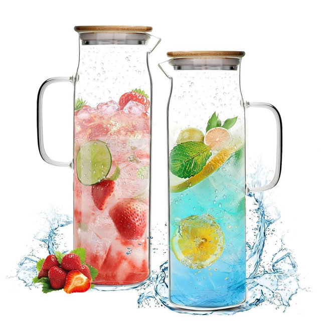 50oz Glass Pitcher with Lid, Glass Water Carafe with Handle, Fridge Water Jug Cold or Hot Beverages, Iced Tea, Milk, Juice (Set of 2)