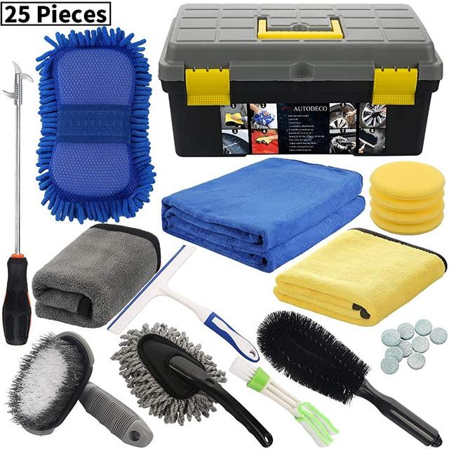 AUTODECO 25Pcs Microfibre Car Wash Cleaning Tools Set Gloves Towels Applicator Pads Sponge Car Care Kit Wheel Brush Car Cleaning Kit with Storage Box Black Grey Yellow Handle