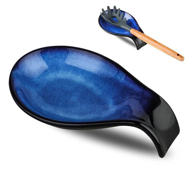 Nihow Ceramic Spoon Rest: 4 Inch Stable Utensil Rest - Heat Resistant Spoon Holder for Kitchen counter/Countertop/Stove Top - Dishwasher Safe - Elegant Black & Blue (1 PC)