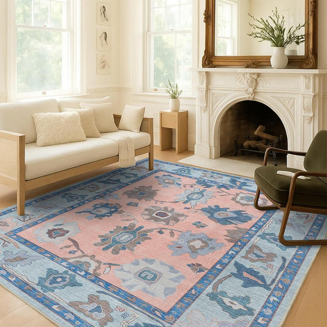 Fame Living Modern Oushak Rug, Vintage, Turkish, Eclectic, Floral, Pastel, Washable, Large Area Rugs for Living Room, Dining, Bedroom, Girls, Boys, 7'5"x9'8"