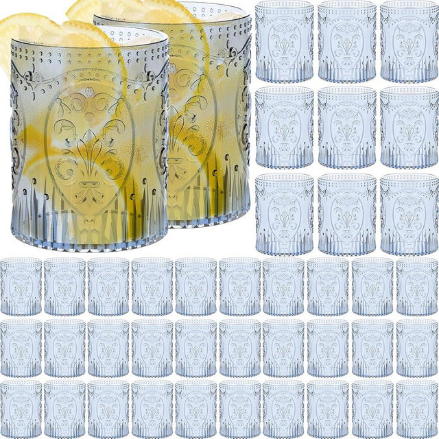 Qinyoung 48 Plastic Vintage Drinking Glasses 8.5oz Stemless Retro Embossed Wine Glasses Shatterproof Reusable Cups for Baby Shower Wedding Reception Grand Event Party (Blue)