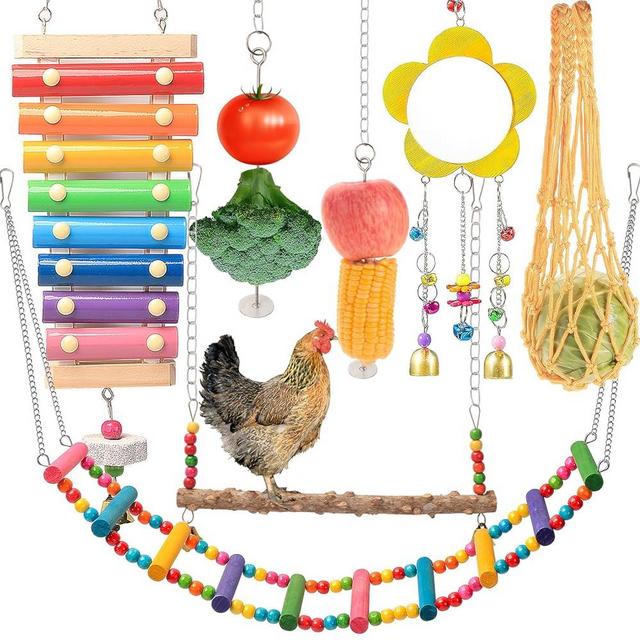KAKUNM Chicken Toys for Coop 7PCS | Chicken Xylophone | Chicken Swing Set | Chicken Mirror Toy | Chicken Flexible Ladder | Chicken Vegetable String Bag and Hanging Feeder