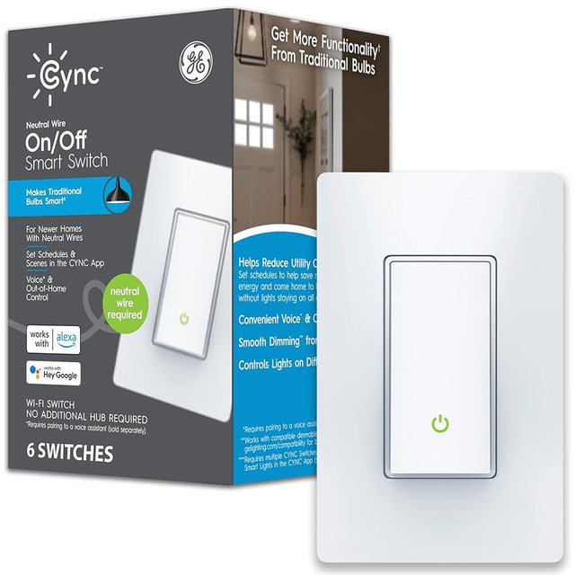 GE CYNC Smart Light Switch, Paddle Style, Neutral Wire Required, Bluetooth and 2.4 GHz Wi-Fi 4-Wire Switch, Compatible with Alexa and Google White (6 Pack)