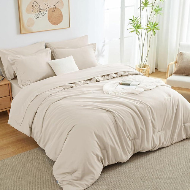 CozyLux King Comforter Set Beige, 7 Pieces Bed in a Bag Soft Bedding Comforter Set with Sheets, All Season Boho 7PC Bed Sets with Comforter, Fitted Sheets, Flat Sheets, Pillow Shams and Pillowcases