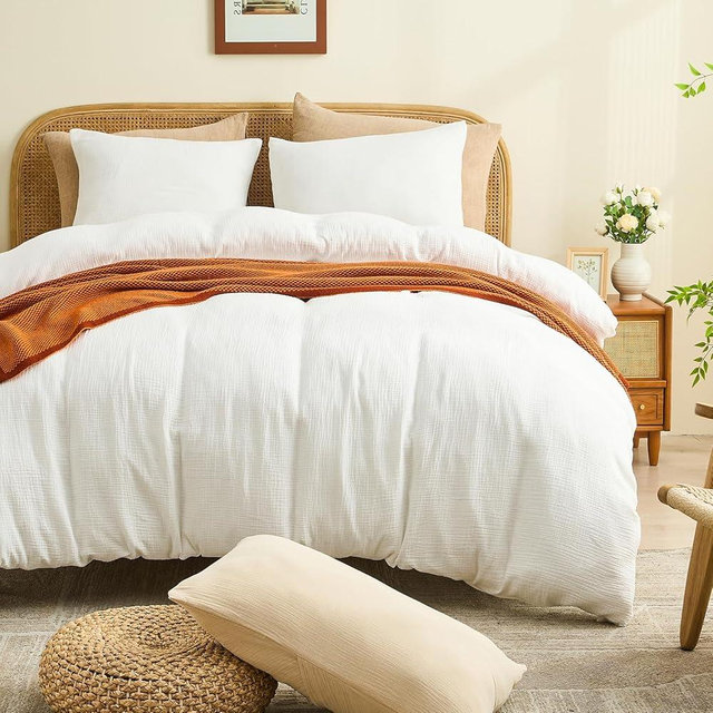 MEISHANG Muslin Duvet Cover Queen Size - 100% Organic Cotton, Soft Textured Gauze Weave Duvet Cover for Breathable All-Season Oeko-Tex Certified - 3 Piece Set (Queen, White)