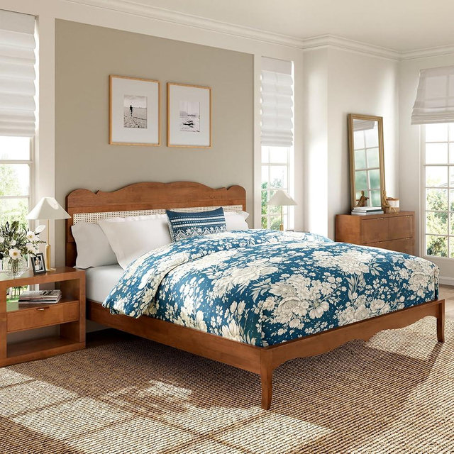 PHI VILLA Rattan King Bed Frame with Headboard, Wood Mid Century Boho Bed Frames, No Box Spring Needed, Brown