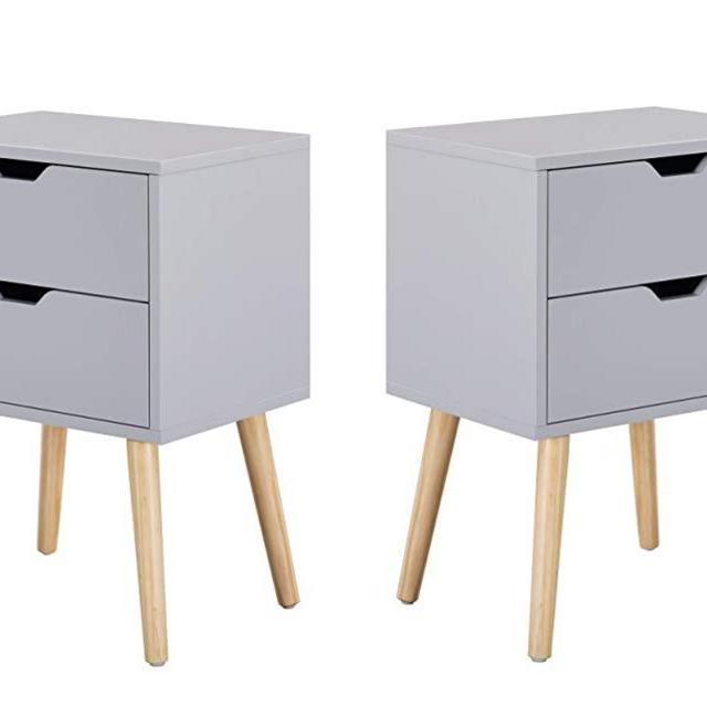 Sweetgo End Side Table Nightstand with Storage Drawer -Fashion Modern Assemble Storage Cabinet Bedroom Bedside -Solid Wood Legs Living Room Bedroom Furniture-Double Drawer Nightstand Set of 2