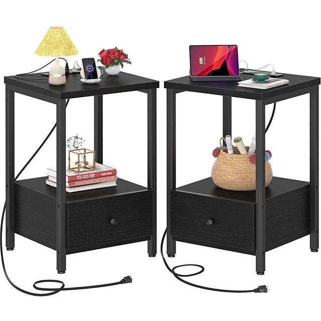 Ecoprsio Black Nightstand Set of 2 with Charging Station, Modern Nightstands Bedside Table with Storage Drawer and Shelf, Small End Table with USB Ports & Power Outlets for Bedroom, Living Room