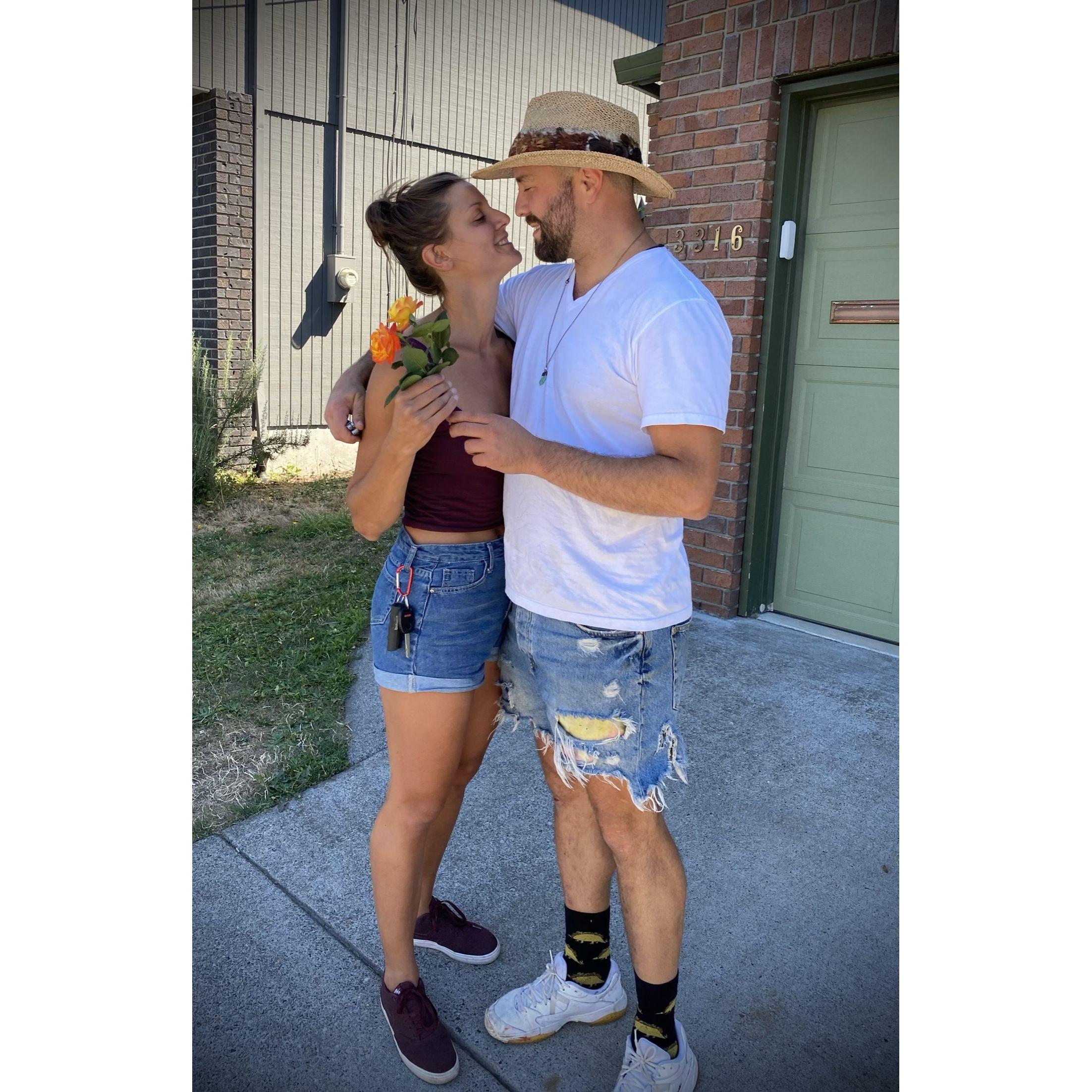 When we first started dating, Eli would leave fresh cut roses from his yard on Kim's bike and she would find them before leaving for work. When he sold his house he gave her the final bloom.