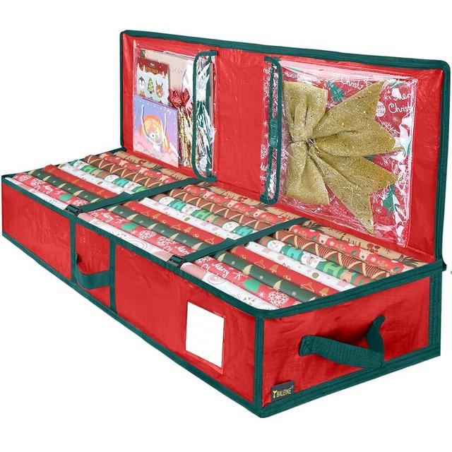 BALEINE SOFT Christmas Wrapping Paper Storage Bag, 40" Durable PE Gift Wrap Storage Bag with Flexible Partitions and Pockets for Ribbon, Accessories (Red)