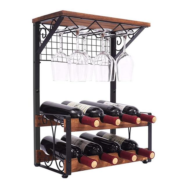 X-cosrack 2 Tier Solid Wood Wine Rack, Hold 8 Wine Bottles and 6 Glasses Countertop Wine Storage Stand, Freestanding Wine Holder Display Shelves for Kitchen, Pantry, Cellar, Bar