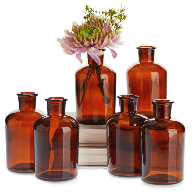 Farmlyn Creek 6 Pack Amber Glass Decorative Bottles, 7.5 oz Bud Vases for Flowers, Table Centerpieces, Essential Oils, Beauty Products, 2.8 x 5.0 In