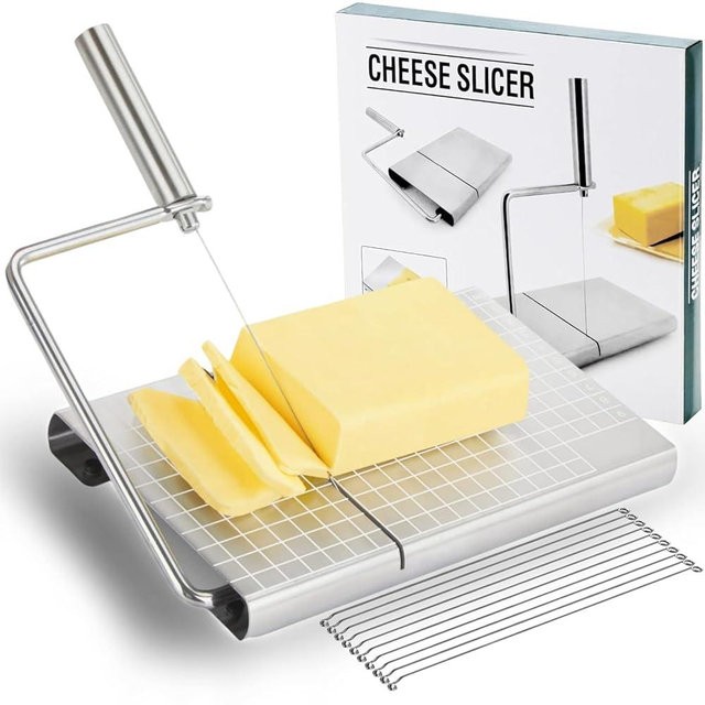 GETEON Cheese Slicer with Board for Block Cheese - Heavy Duty Adjustable Cheese Cutter Board with 11 Replacement Wires, Ergonomic Design Adjustable Stainless Steel Cheese Cutter with Precision Scale
