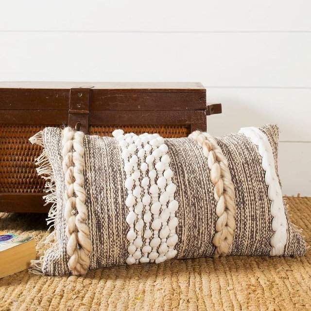 COZYDEKO Boho Pillow Cover Brown 12”x20” Soft Moroccan Rustic Throw with Tufted Wool Accents, Plush Handwoven Cotton, Neutral Farmhouse Home Decor | Made in India (Brown Lumbar)