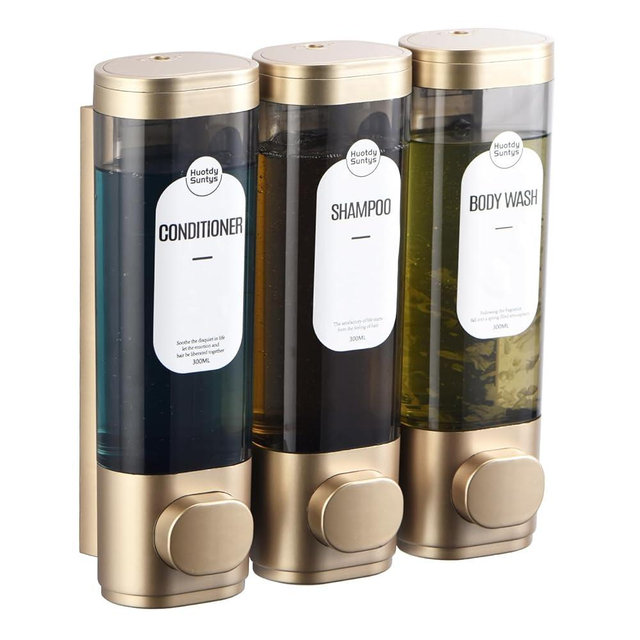 Shampoo and Conditioner Dispenser, Refillabe Shower Soap Dispensers 3 Chamber No Drill Shampoo Dispenser for Shower Wall Mounted 3 * 300ml Container for Bathroom Hotel (Bronze Gold 3 Chamber)