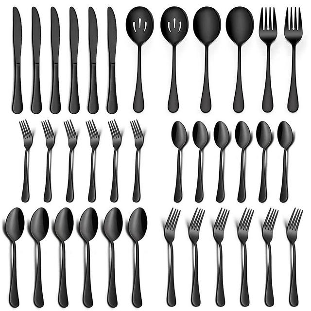 LIANYU 36-Piece Black Silverware Set with Serving Utensils, Stainless Steel Black Silverware Flatware Set for 6, Cutlery Tableware Includes Forks Spoons Knives, Mirror Polished, Dishwasher Safe