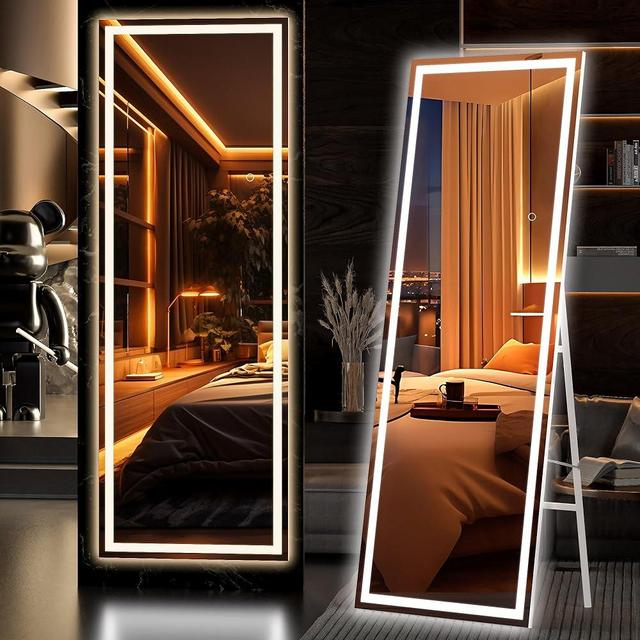 Hasipu Full Length Mirror with Lights, 65" x 21.7" LED Floor Mirror, Full Body Dressing Standing Mirror, Hanging Mounted Mirror for Living Room Bedroom Cloakroom, Square White
