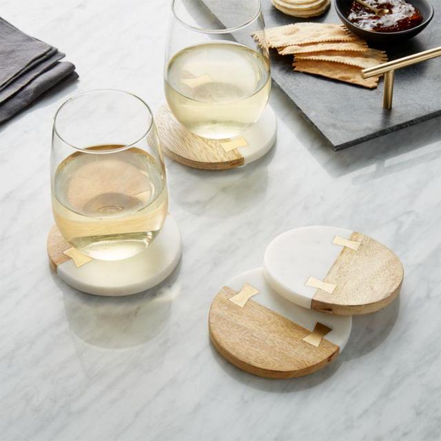 Wood and Marble Coasters, Set of 4