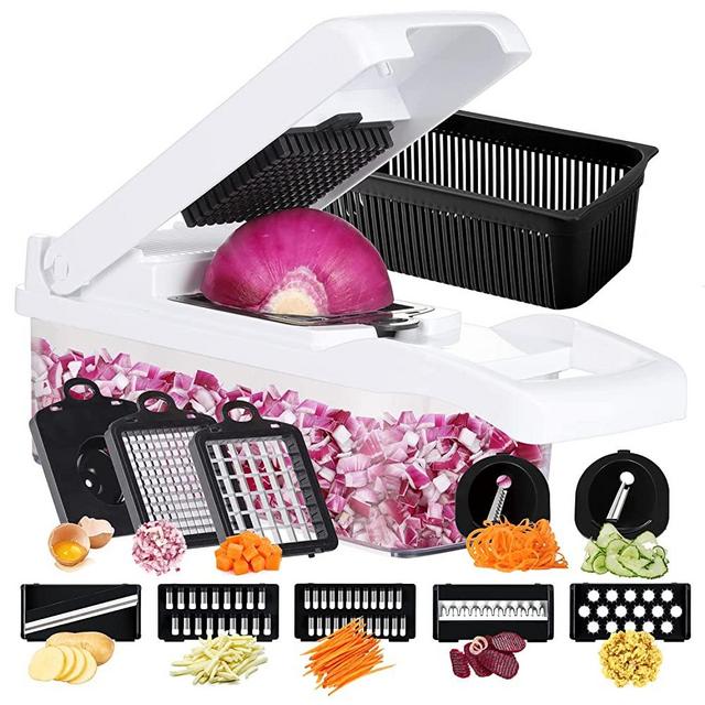Ourokhome Chopper Vegetable Cutter, 14 in 1 Professional Mandolin Slicer for Kitchen, Food Dicer Zucchini Spiralizer for Potato, Tomato, Veggie, Onion with 10 blades and Filter Basket (Black)