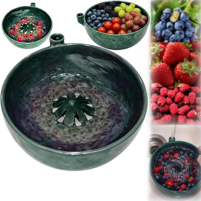 2026 Self Spinning Berry Washing Bowl Ceramic with Drain Holes, 360 Degree Cleaning Fruit Swirl Colander Center Cone, Automatic Quick Kitchen Rinse washer for Berries Vegetables Serving