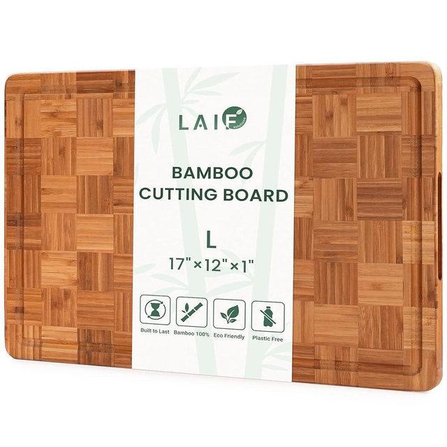 Premium Carbonized Bamboo Cutting Boards – Durable Wooden Chopping Boards with Juice Grooves – Small, Medium, Large & 3-Piece Set – Eco-Friendly, Thick, Crack-Resistant, Easy Grip (Large)