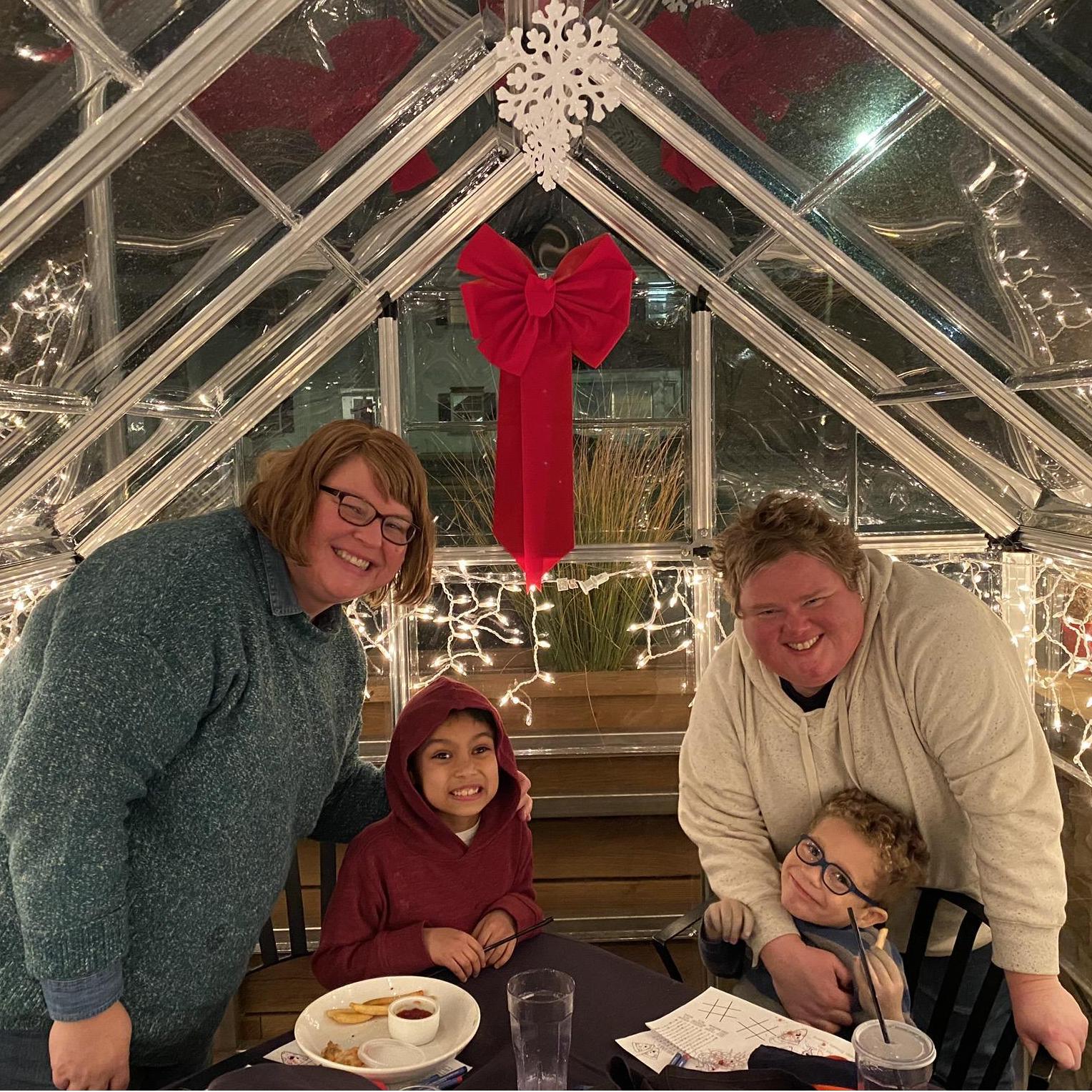 Celebrating Jan's birthday in a heated igloo during the pandemic